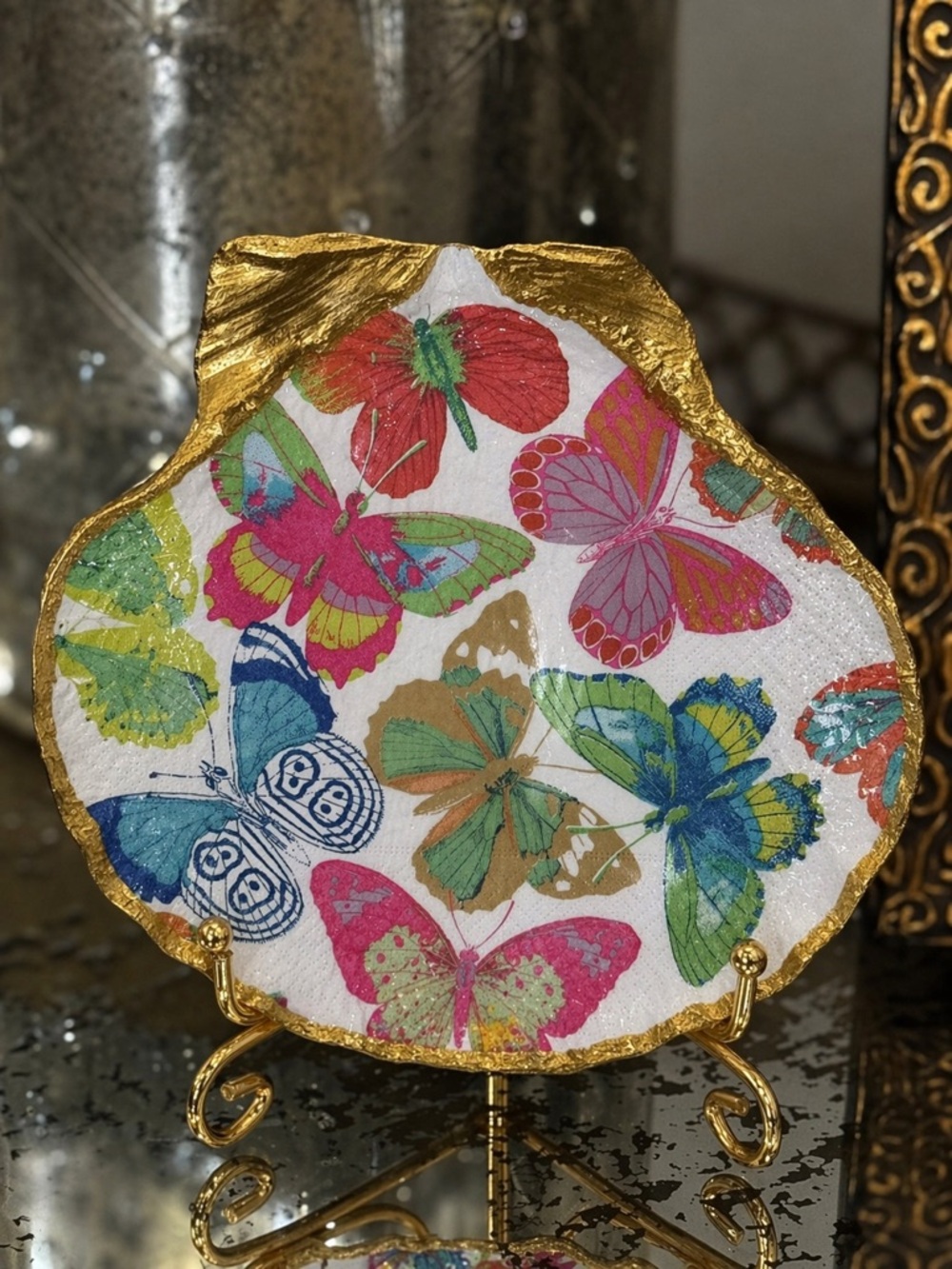 Hand Crafted Butterfly Garden Trinket Shell Jewelry Dish 4.5”